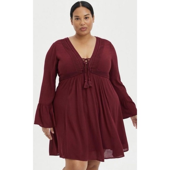 NWT Acas Lace Up Gauze Skater Flowy Bohemian Dress Burgundy‎ Size: 2X (18-20) - Picture 1 of 8